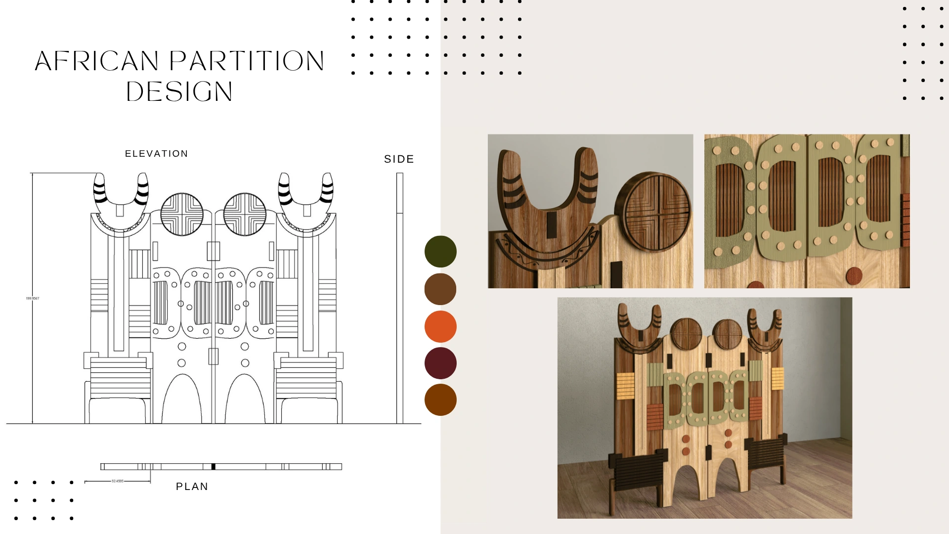 African-inspired partition design board with pattern studies and rendered views.