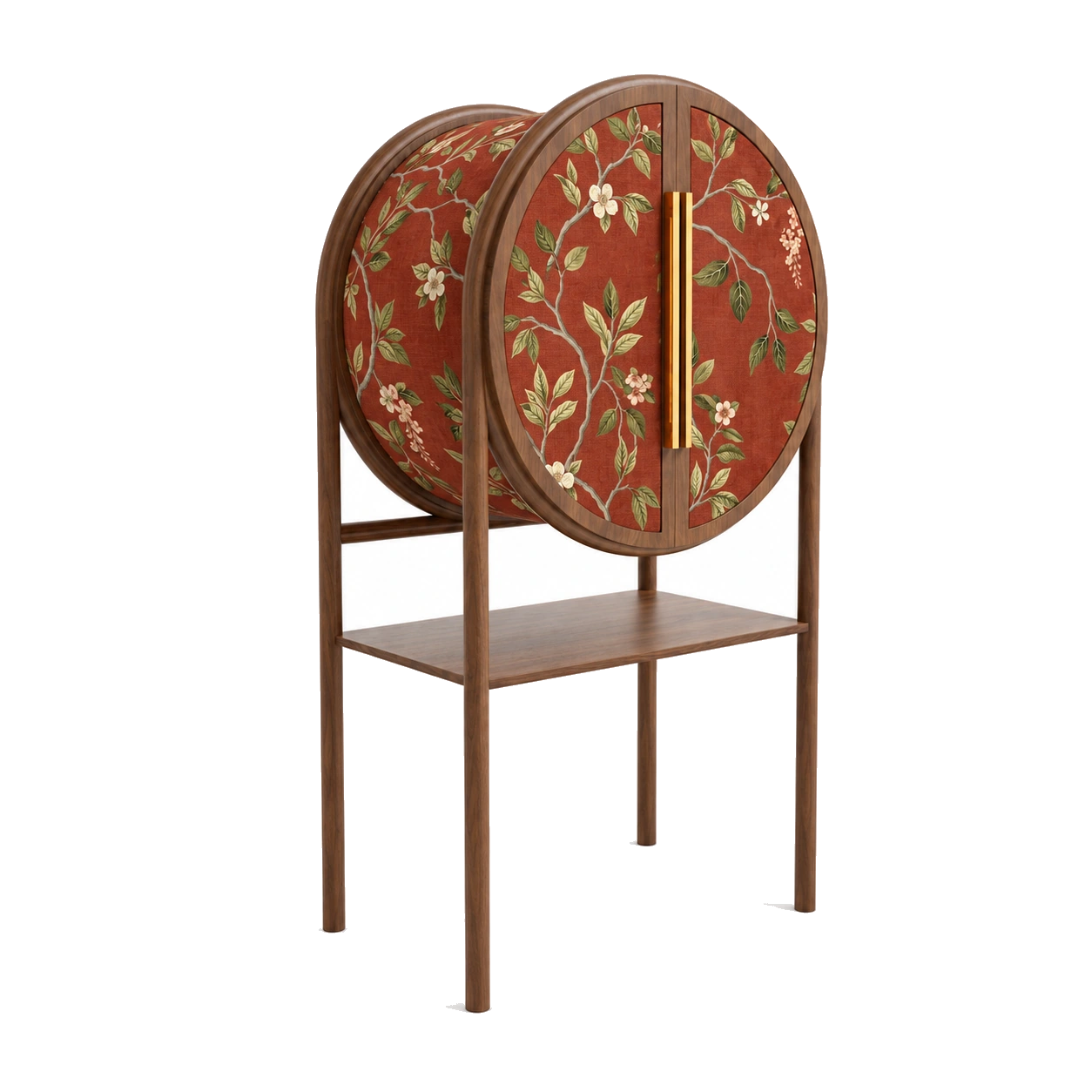 Circular modern cabinet presentation board with a patterned double-door cabinet.