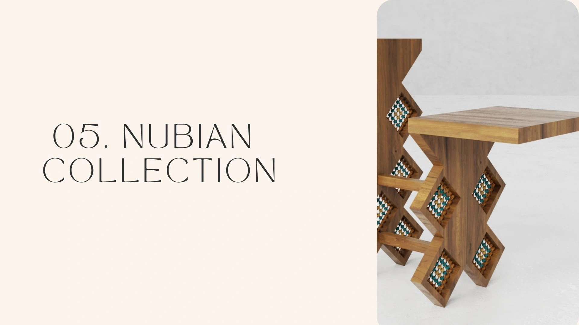 Nubian furniture collection cover with a geometric table detail.