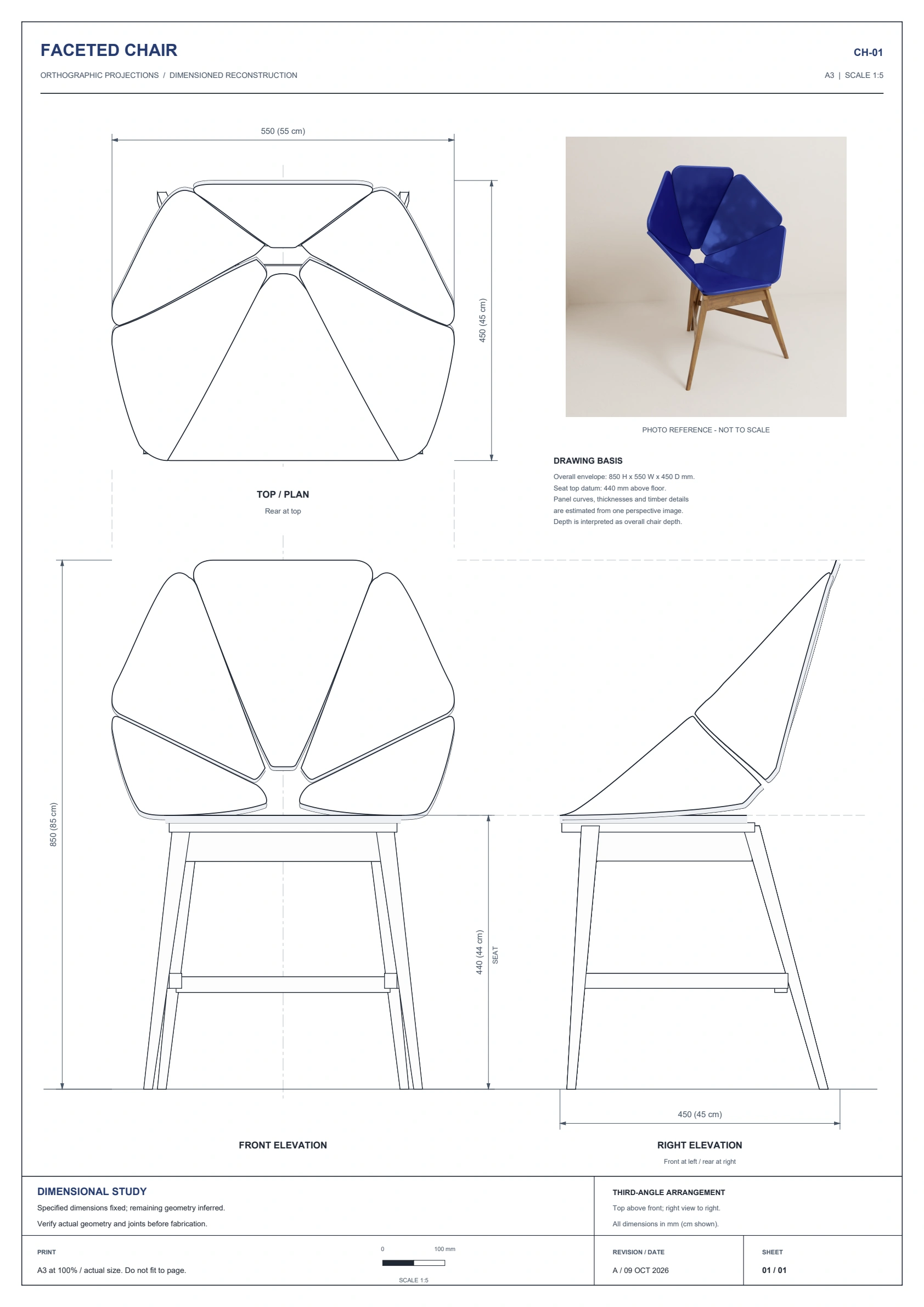 Dimensioned chair study with top, front and right elevations; some geometry is inferred from a reference image.