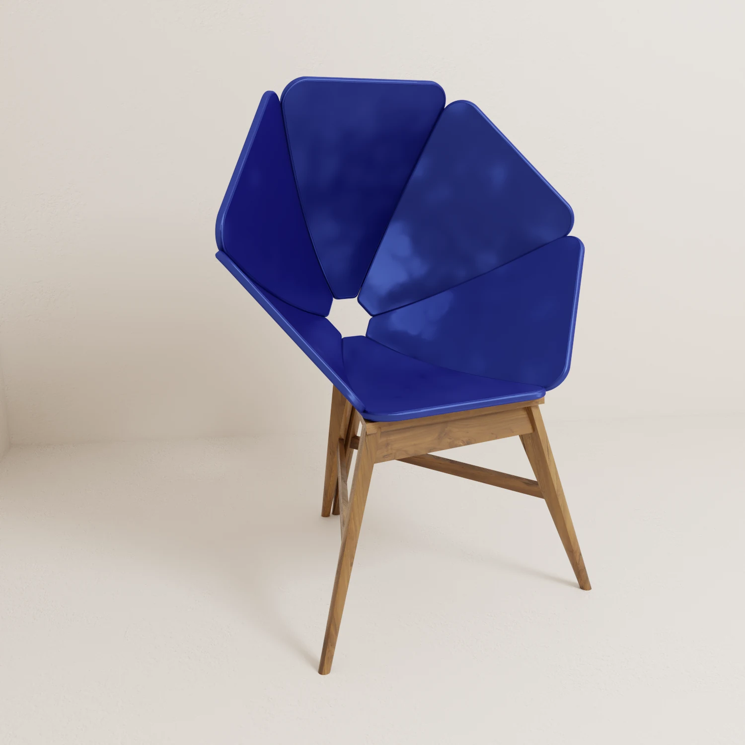 Three-quarter front view of the Geometric Petal Lounge Chair showing its open centre and splayed timber legs.