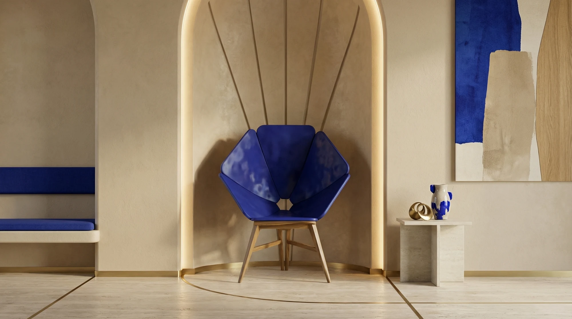 Geometric Petal Lounge Chair visualized in a warm interior with an illuminated arched niche.