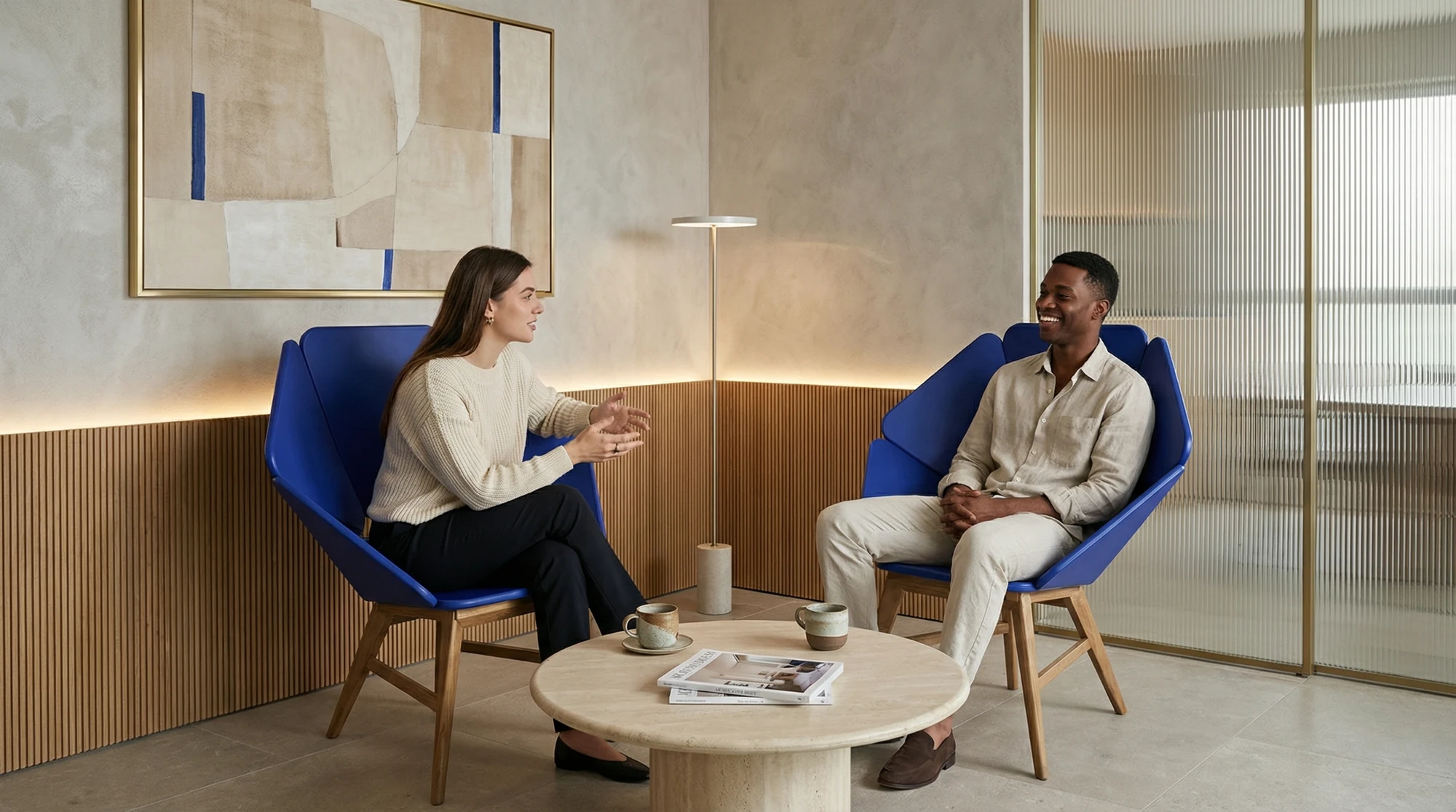 Interior visualization showing two Geometric Petal Lounge Chairs arranged around a coffee table.