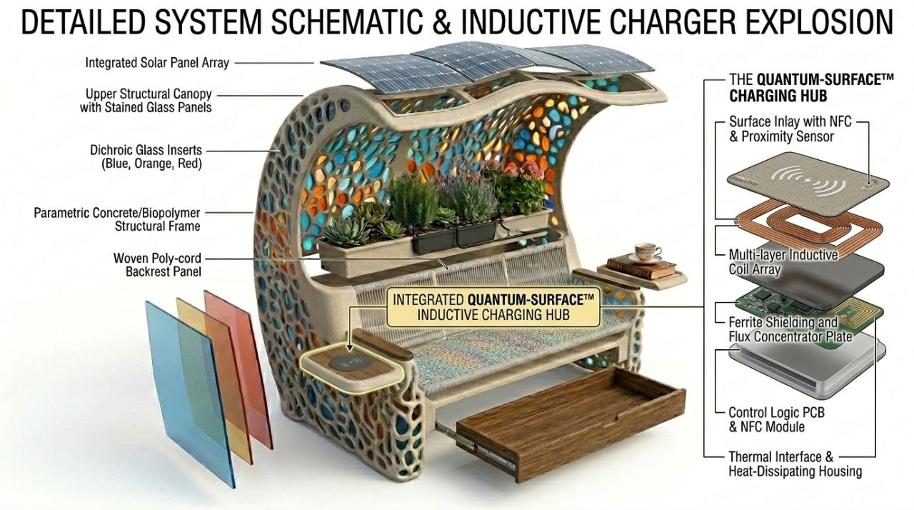 Organic multifunctional outdoor bench concept schematic showing its canopy, planting, storage and charging components.