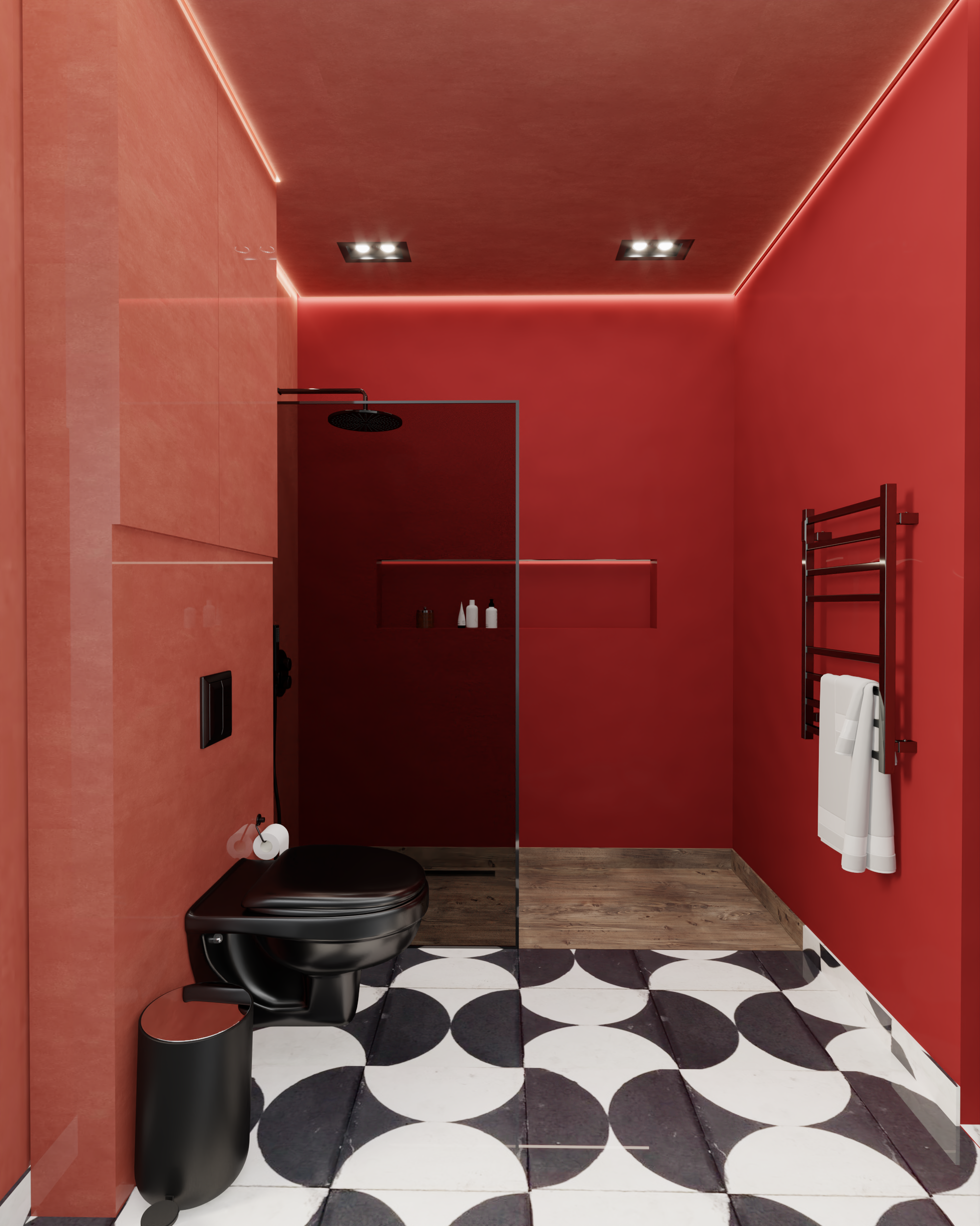 Red bathroom interior with a glass shower enclosure, black fixtures and geometric black-and-white floor tiles.