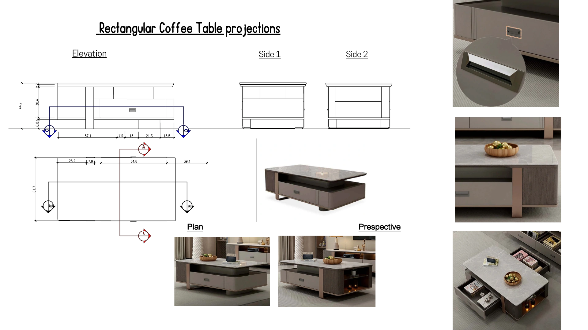 Furniture technical drawing board with elevations, dimensions and rendered references.